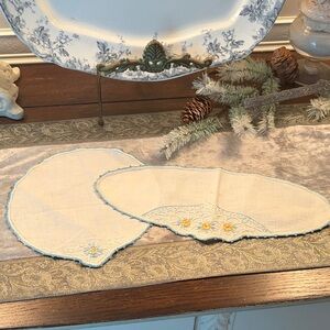 Embroidered Floral Linen  - Cream and Blue